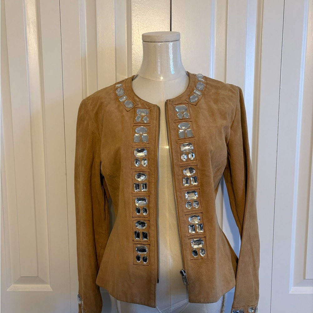 Boston Proper Tan Suede Jacket with Silver Embellishments, Size 10, GUC